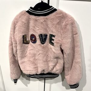 Hannah Banana Faux Fur Pink Love Bomber Jacket Great Condition. Size 6